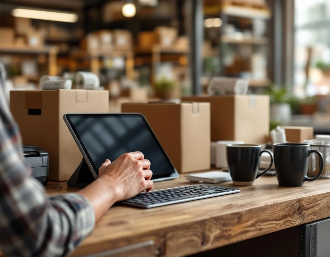 POS touchscreen tablet with shipping equipment on wooden desk in pack-and-ship retail workspace