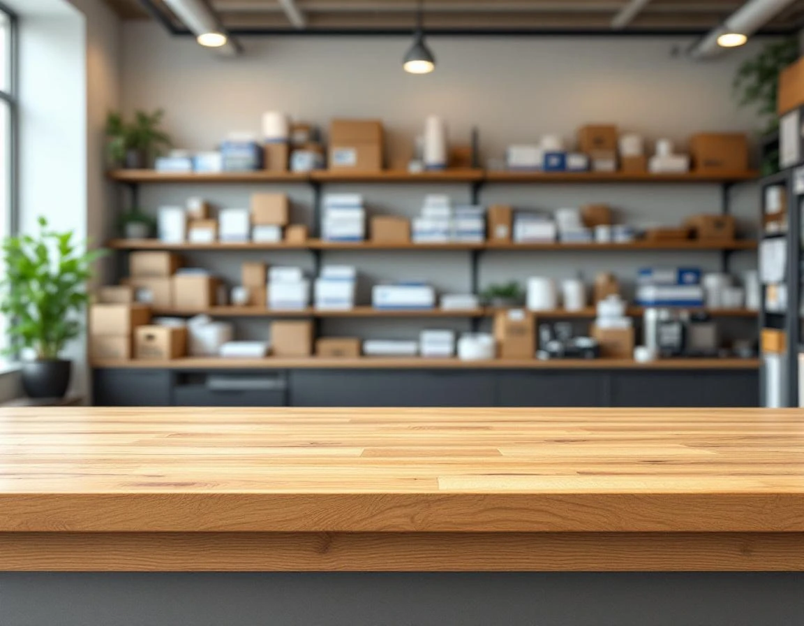Modern pack-and-ship store service counter with shipping supplies organized on shelves in natural retail lighting