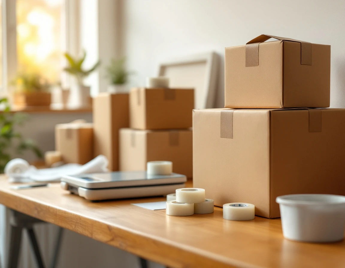 Unmarked shipping boxes and packing supplies on pack-and-ship store counter with professional scale