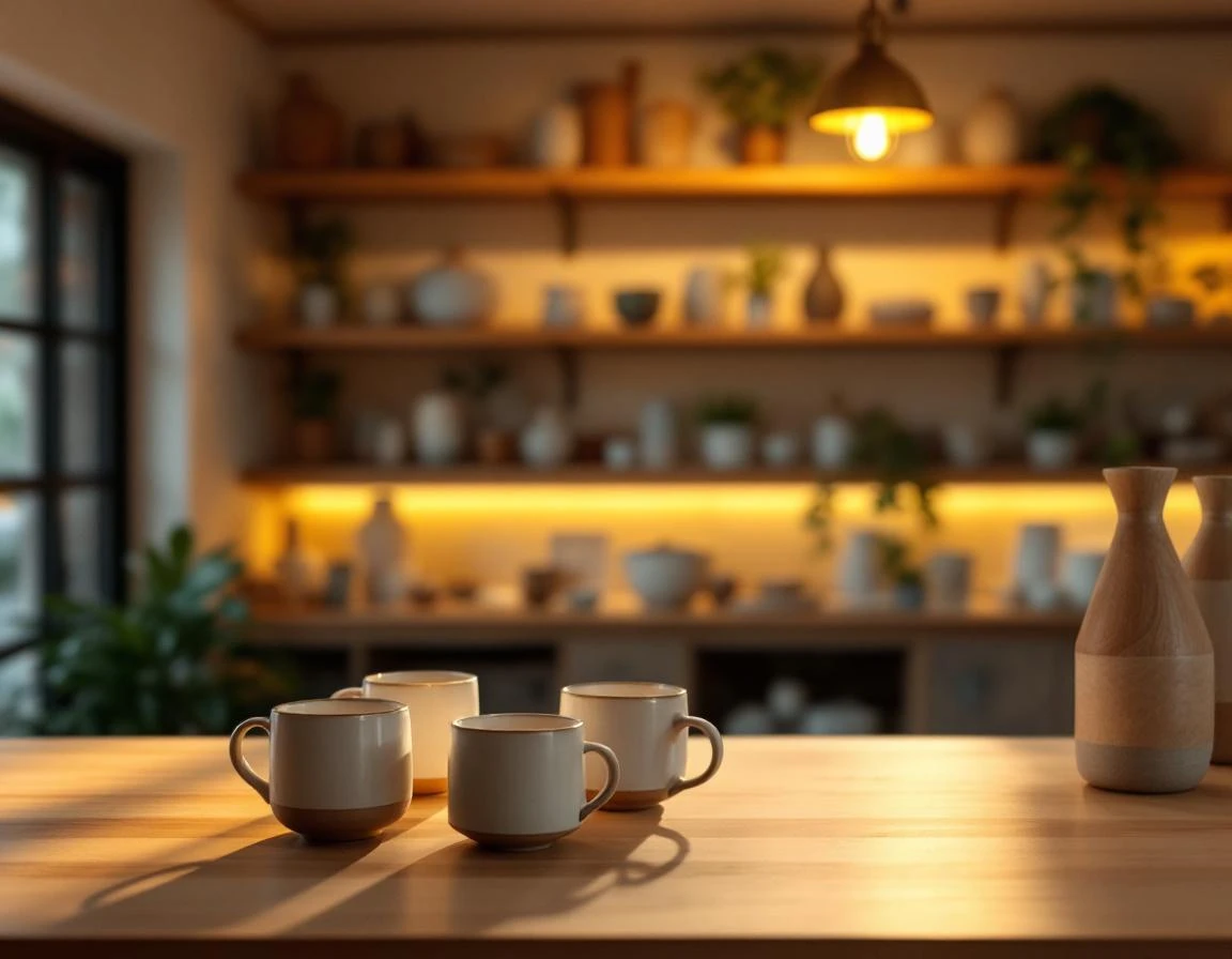 Modern retail counter with ceramic vessels and natural lighting in independent shop setting