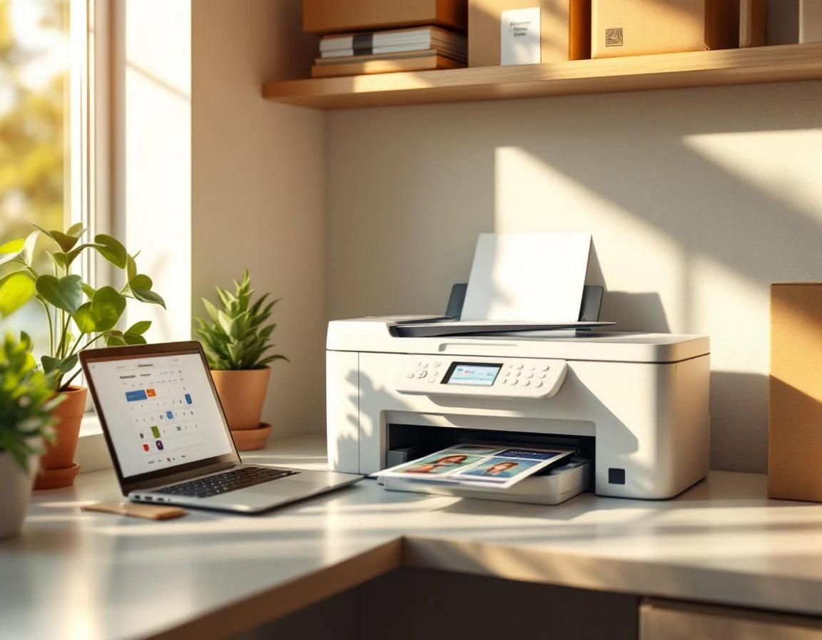 Passport photo printer and organized shipping workspace with natural window lighting in local pack-and-ship store