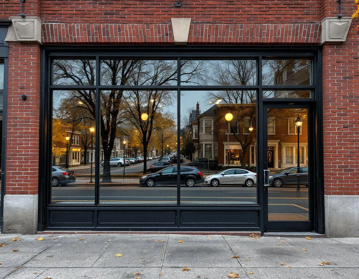 Empty brick storefront with blank windows ready for seasonal business signage in suburban business district