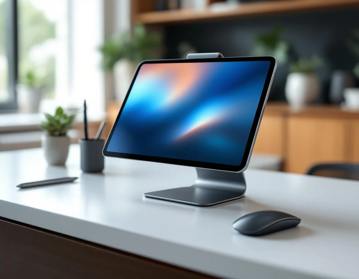 Modern POS tablet terminal on retail counter with wireless accessories in naturally lit workspace