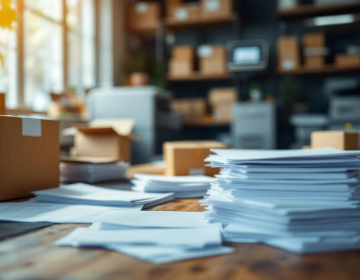 Print shop workspace with printed documents and shipping boxes in natural window light