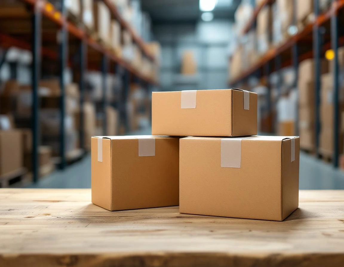 Cardboard shipping boxes on wooden packing table showing dimensional space in fulfillment center
