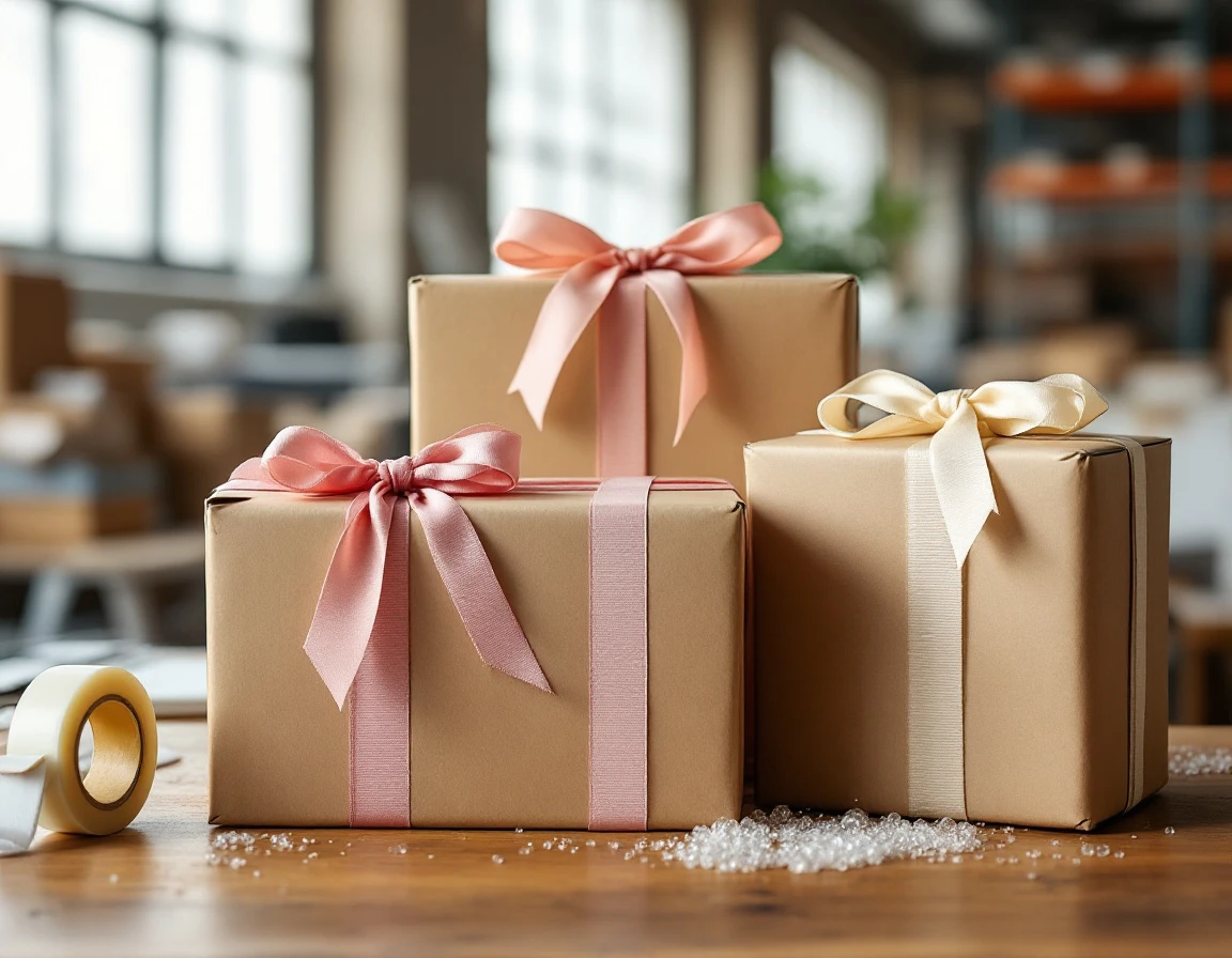 Gift boxes wrapped in kraft paper with fabric ribbons on shipping office desk with natural lighting