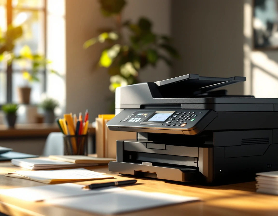 Modern office scanner on desk with paper documents and natural window lighting in professional healthcare workspace