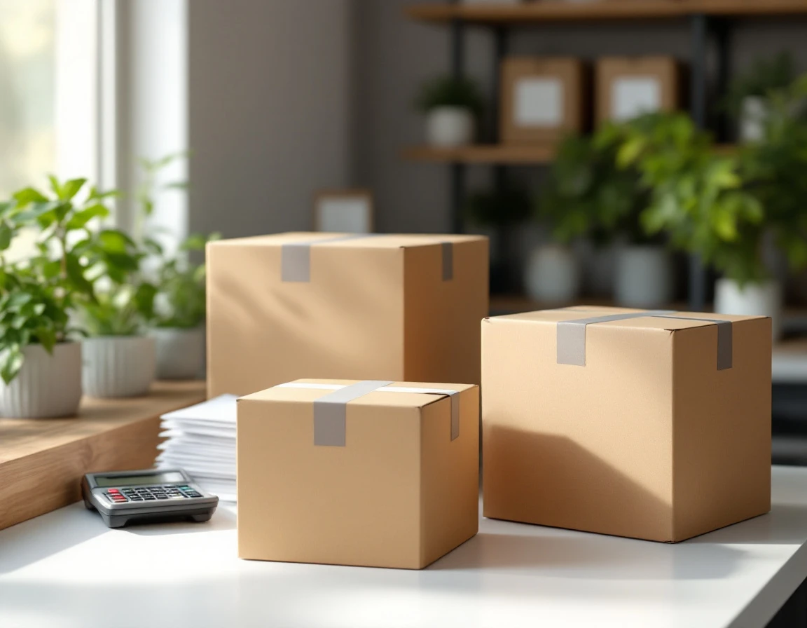 Unmarked shipping boxes and blank paperwork on counter with calculator showing rate comparison workspace