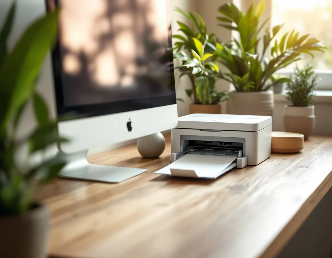 Clean modern desk workspace with computer and printer setup for small business revenue tracking operations