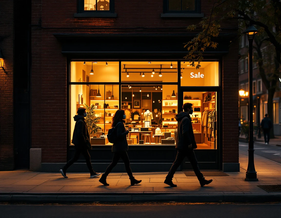 Small retail storefront with warm window lighting at dusk as pedestrians walk past on busy neighborhood street