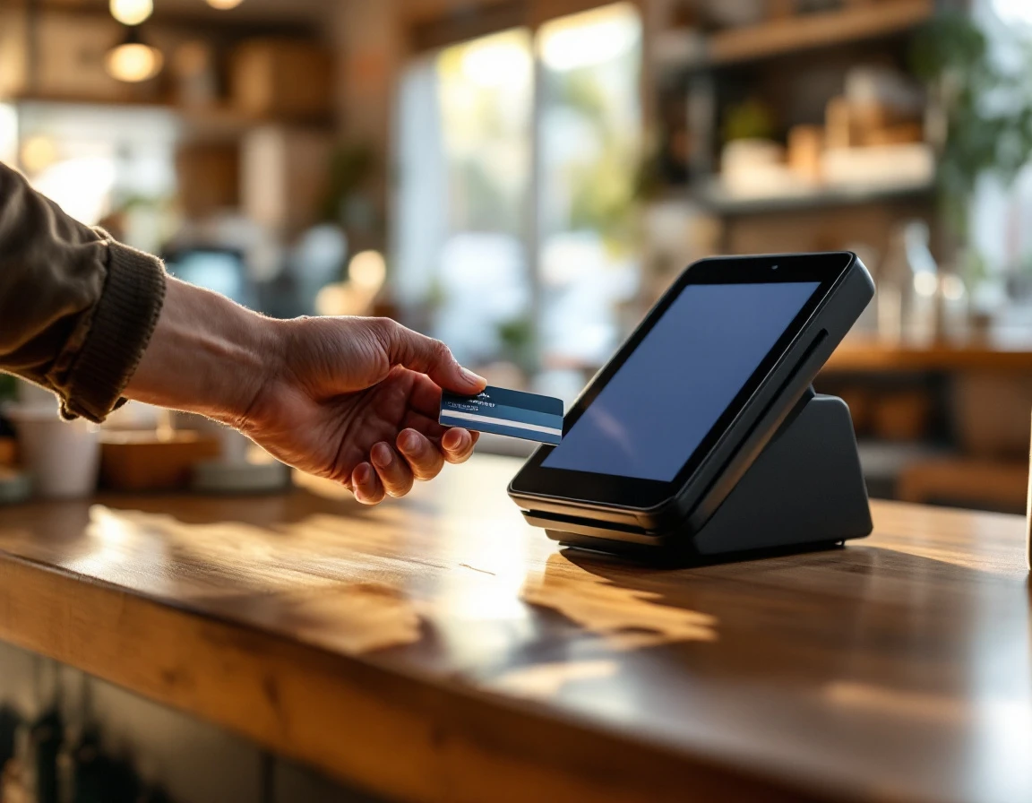 Contactless payment card held near EMV terminal on retail counter with natural window lighting