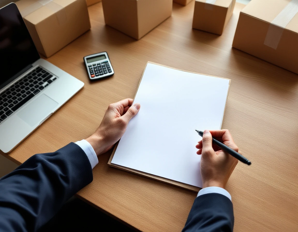 Professional desk workspace with shipping materials and blank notepad showing multi-carrier comparison workflow