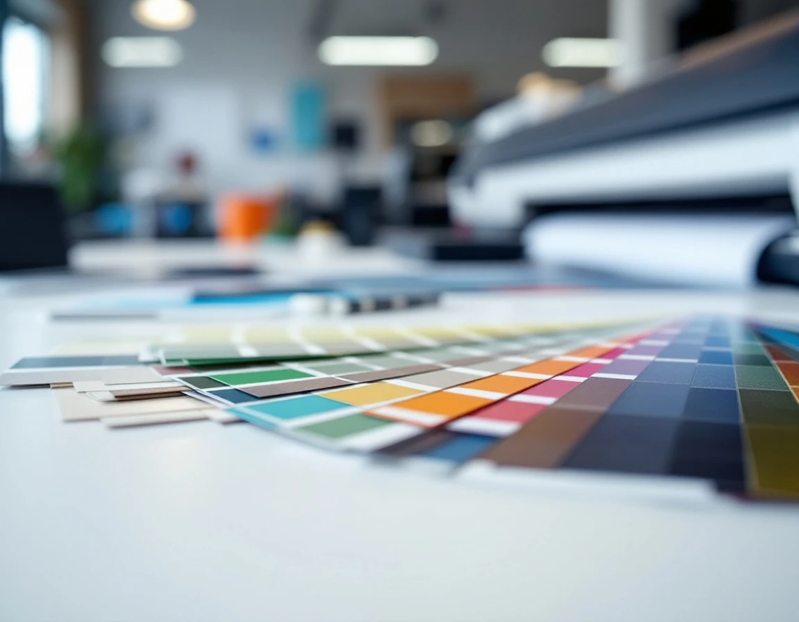 Color swatches and paper samples on a professional print shop desk with printer equipment in background
