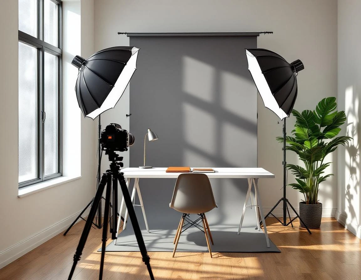 Professional passport photo studio with camera, lighting equipment, and grey backdrop ready for appointments