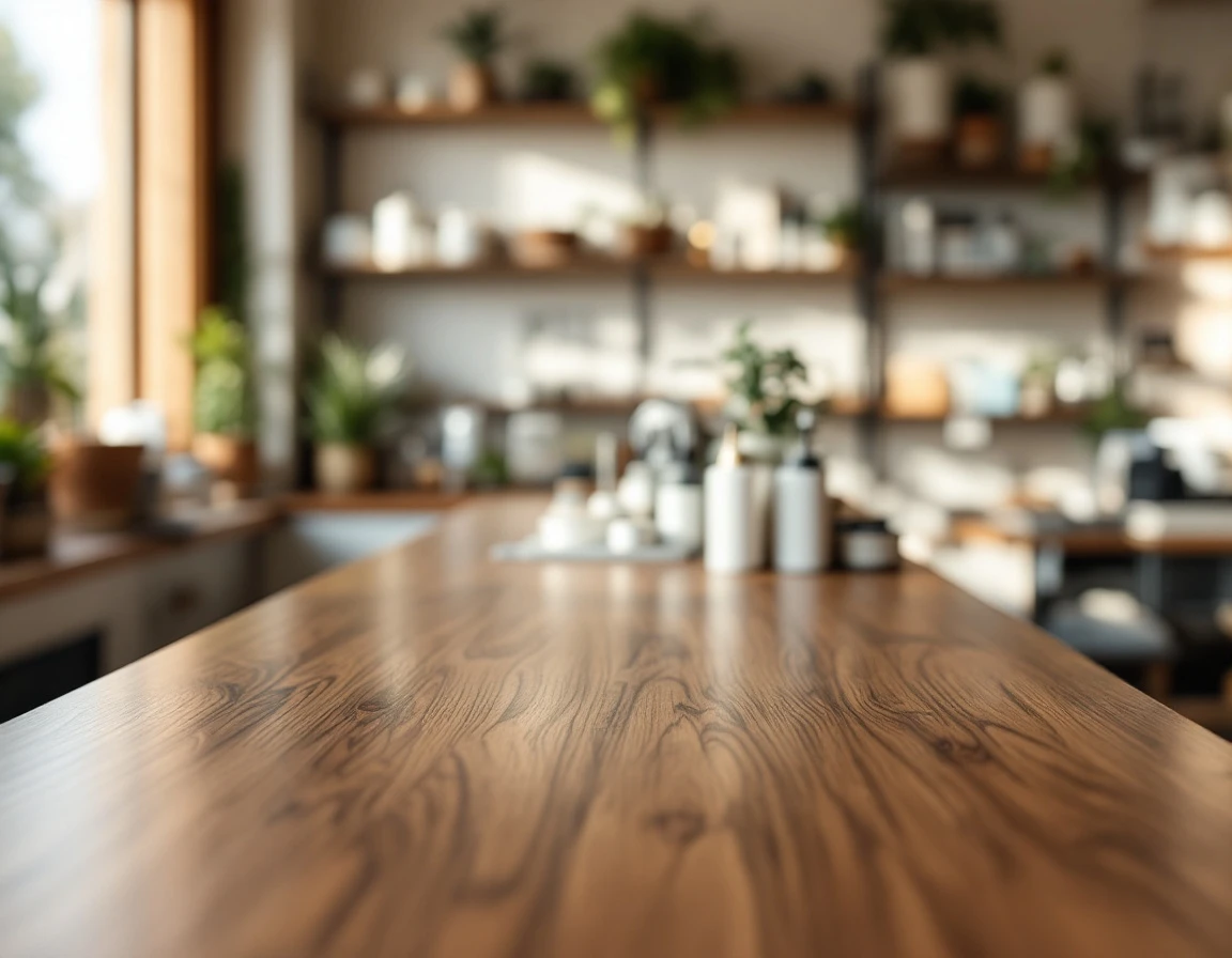 Walnut retail counter with integrated POS terminal area under natural window lighting in wellness boutique