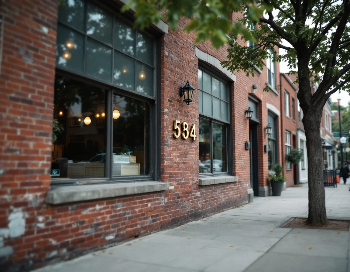 Brick commercial building with prominent street address numbers on main street entrance