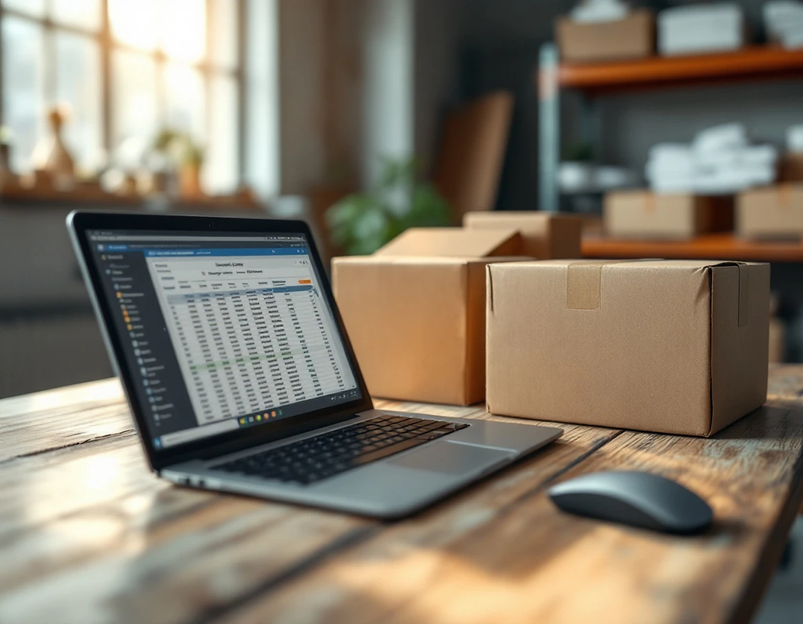 Laptop and cardboard boxes on desk showing inventory analysis workspace in shipping store backroom