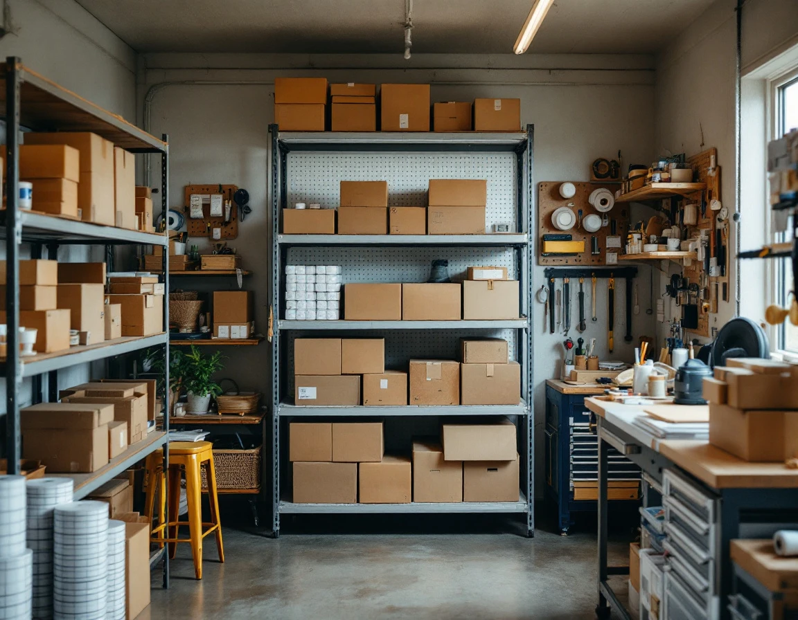 Home-based workspace with organized inventory shelving and packaging materials in a residential setting