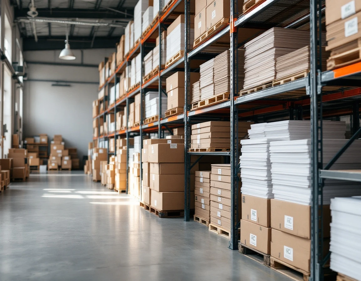 Organized warehouse shelving with eco-certified paper stock and sustainable material handling in modern print facility