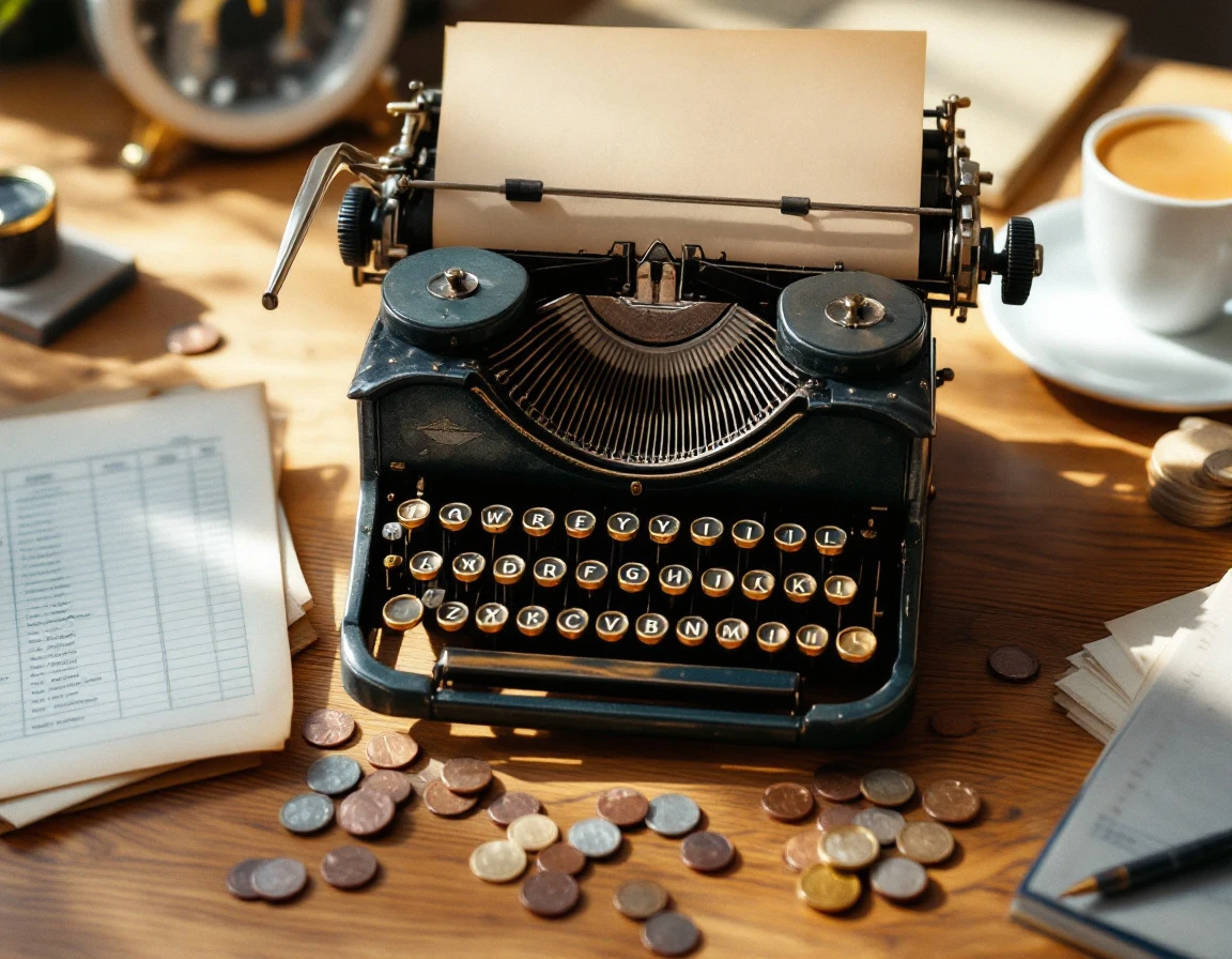 Vintage typewriter with financial documents and coins on wooden desk illustrating business cost calculations