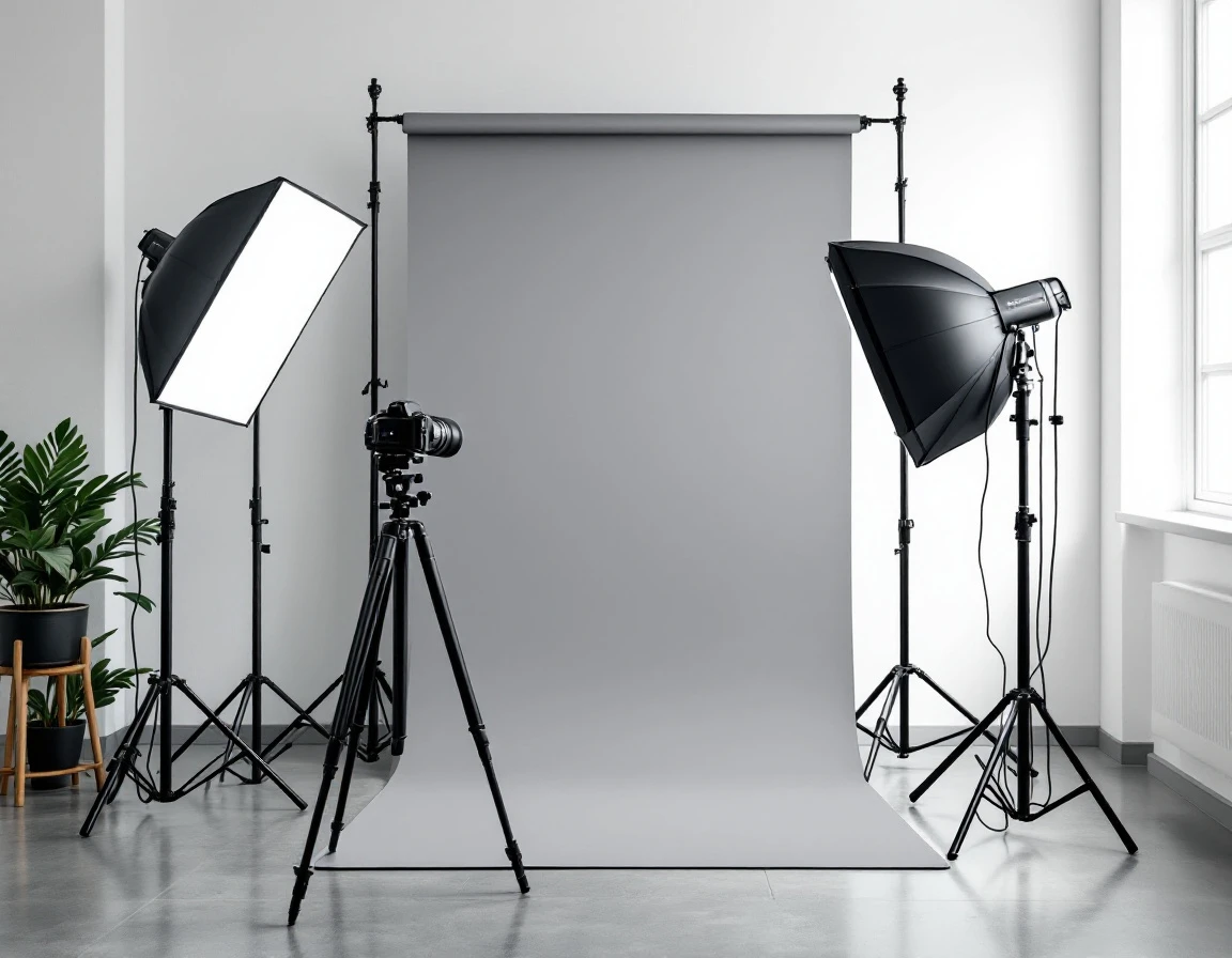 Professional passport photo studio with backdrop, lighting equipment, and camera on tripod