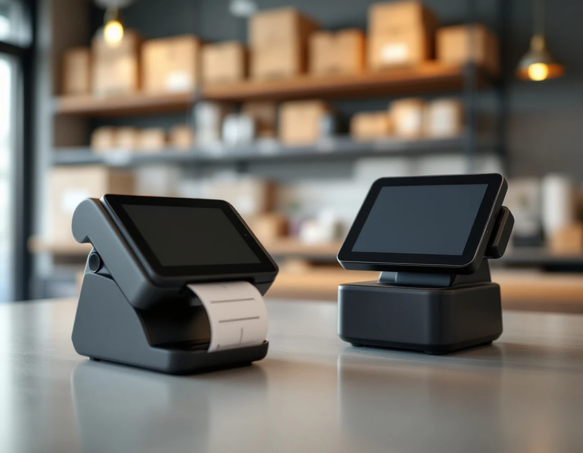 Payment terminal and thermal label printer on pack-and-ship store counter with warehouse shelving background