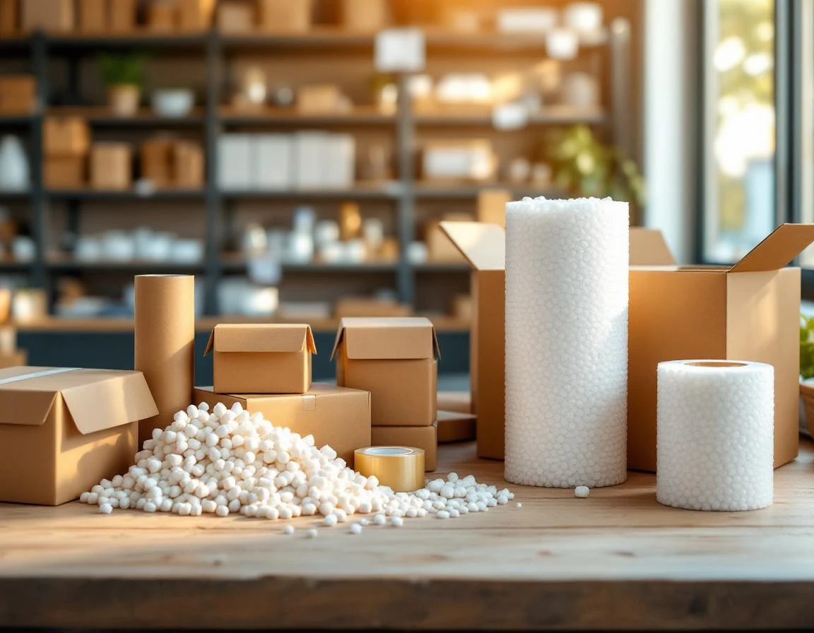 Pack-and-ship store counter with bundled shipping supplies including kraft paper, boxes, and packing materials