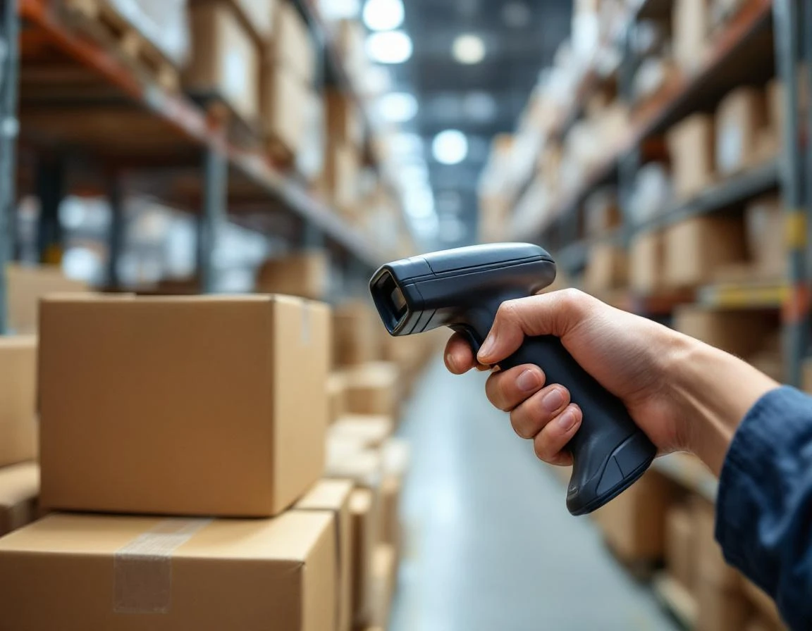 Handheld scanner tracking inventory on organized warehouse shelves with plain shipping boxes