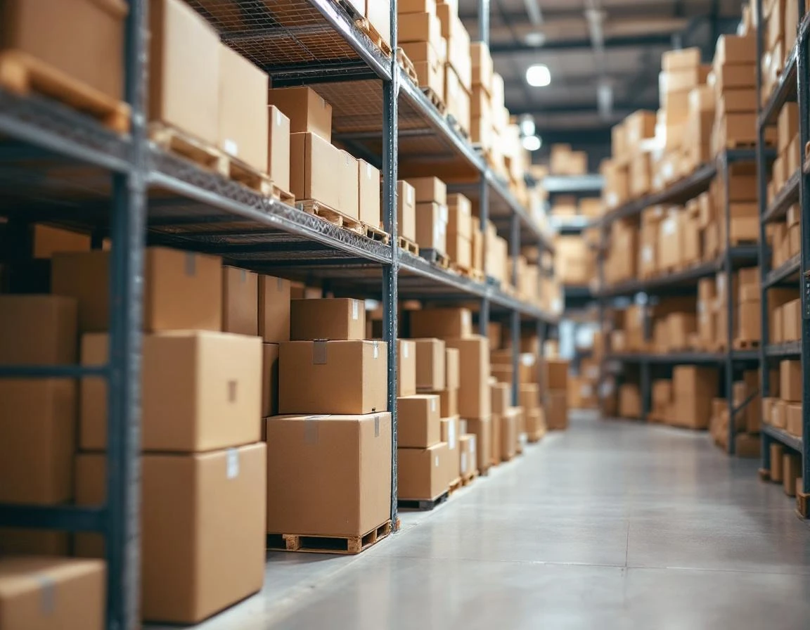 Organized shipping boxes stacked on metal warehouse shelving in retail inventory storage area