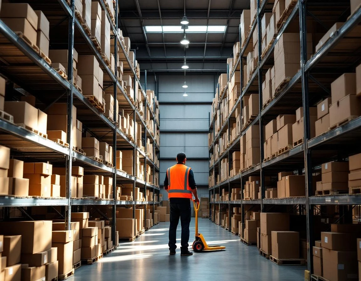 Organized warehouse shelving with plain cardboard boxes and worker reviewing inventory in natural lighting