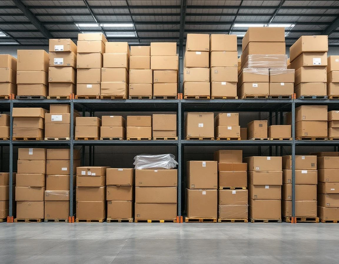 Organized warehouse shelving with plain cardboard boxes showing natural inventory storage patterns