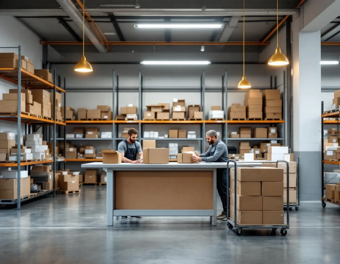 Independent shipping store worker packing box at organized fulfillment workstation with shelving and supplies