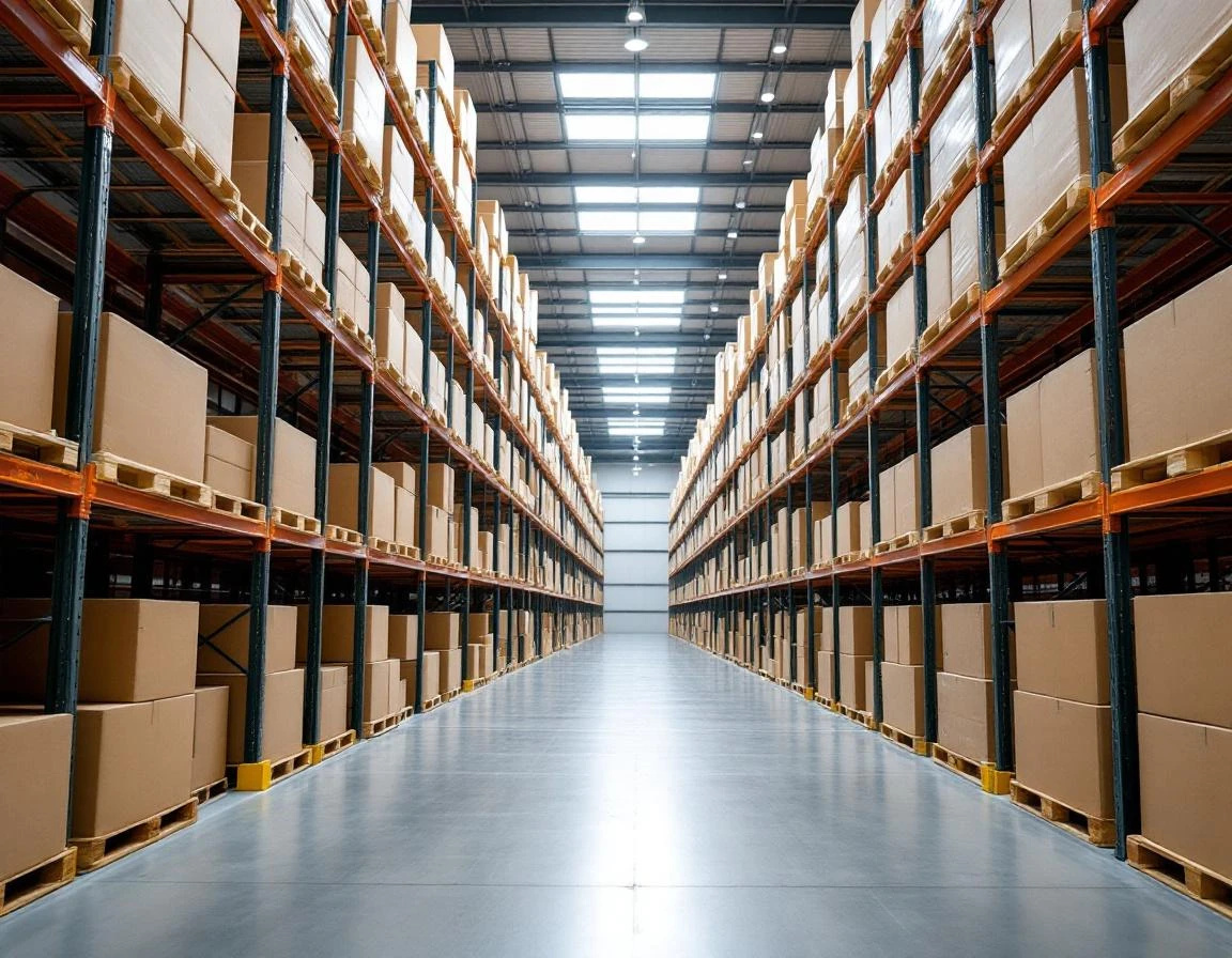 Organized warehouse shelving with sealed inventory boxes showing systematic stock level management