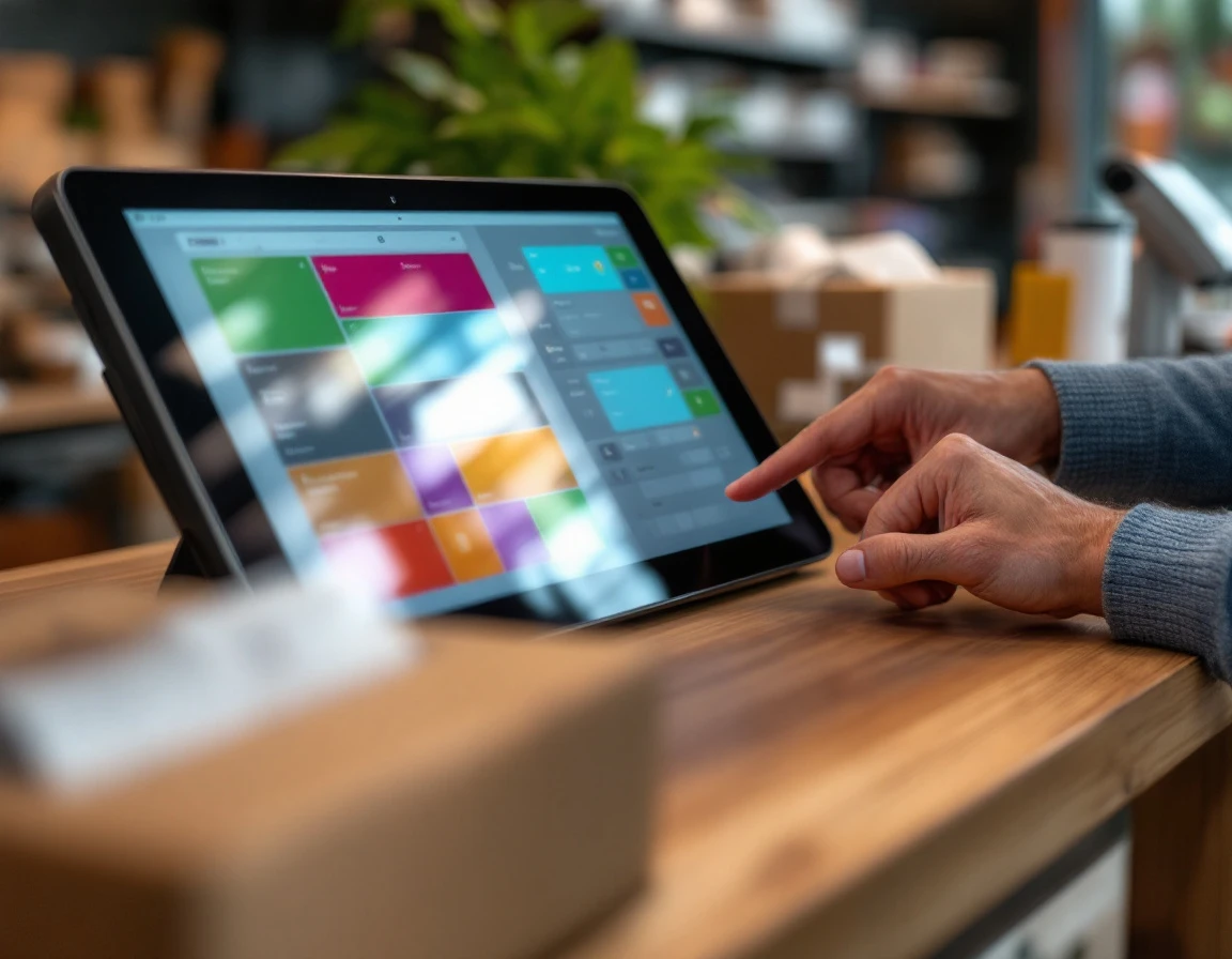 Point-of-sale touchscreen terminal displaying inventory management interface on retail counter