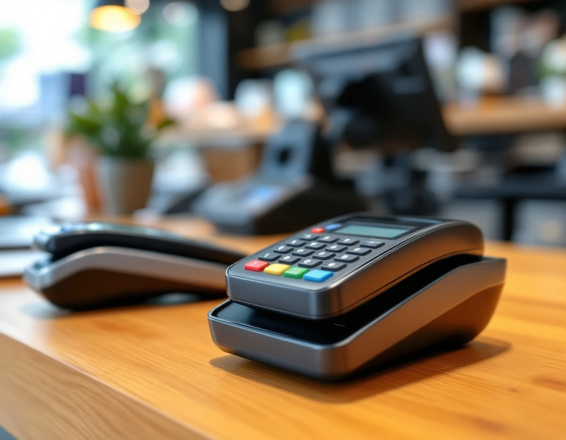 Multiple payment terminals on wooden retail counter showing professional point-of-sale hardware setup