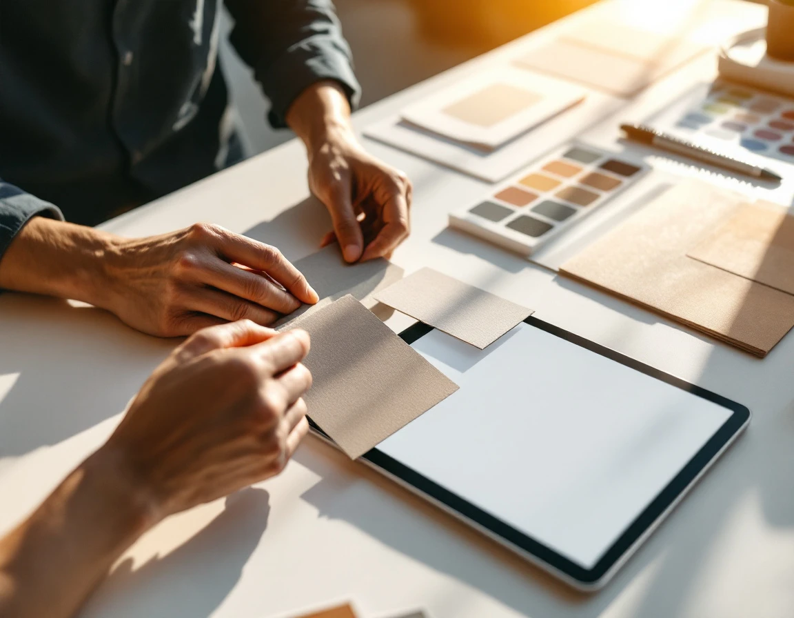 Designer hands arranging paper swatches beside tablet showing business card mockup in natural studio lighting