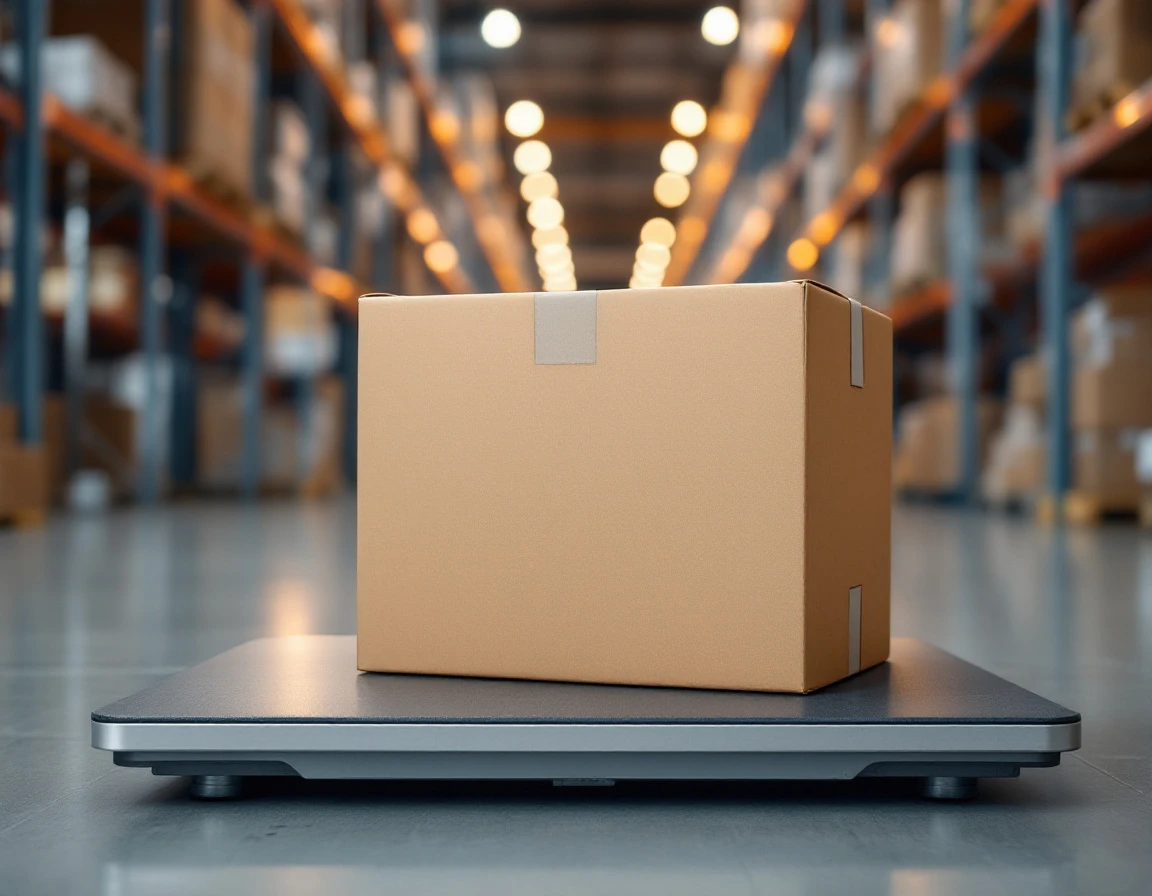 Cardboard box on industrial scale in warehouse setting showing dimensional weight measurement setup
