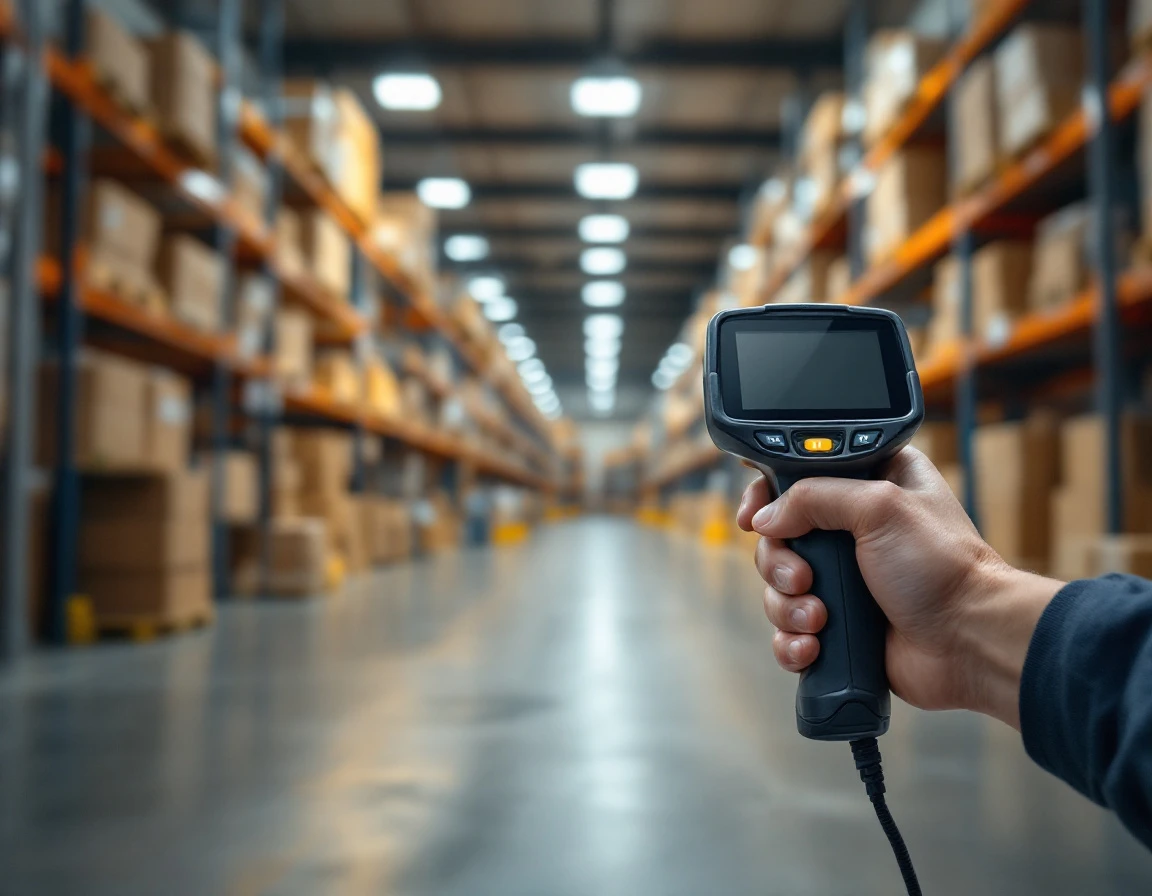Barcode scanner in warehouse with inventory shelves showing loss prevention technology implementation