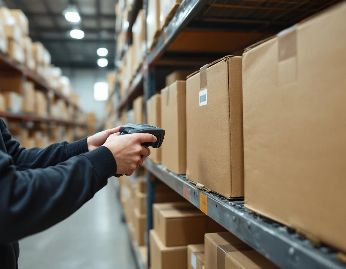 Warehouse worker scanning inventory barcode on cardboard boxes in organized small business storage facility
