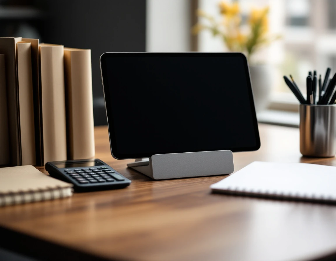 Organized desk workspace with tablet, calculator, and business supplies for tracking POS expenses