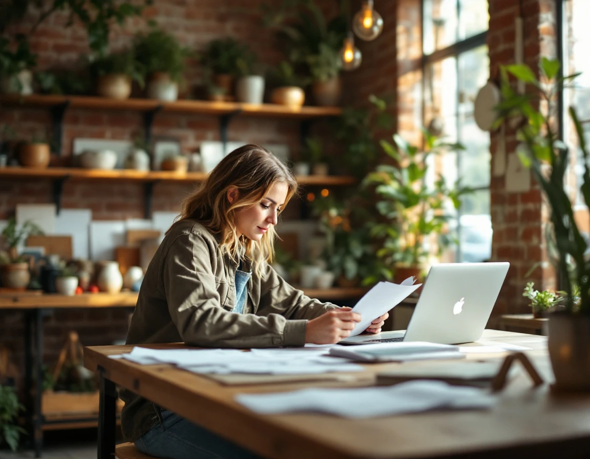 Small business owner reviewing paperwork at wooden workbench in warmly lit retail workspace