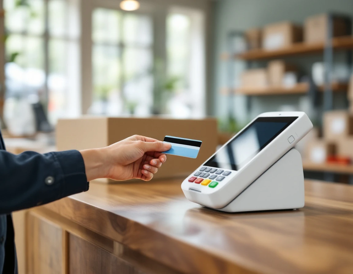 Customer hand tapping contactless payment card on POS terminal at retail counter with natural window lighting