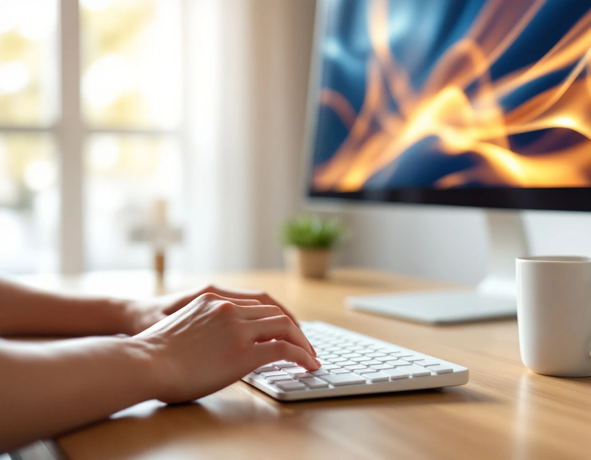 Professional workspace with hands typing, soft monitor glow, and warm office lighting