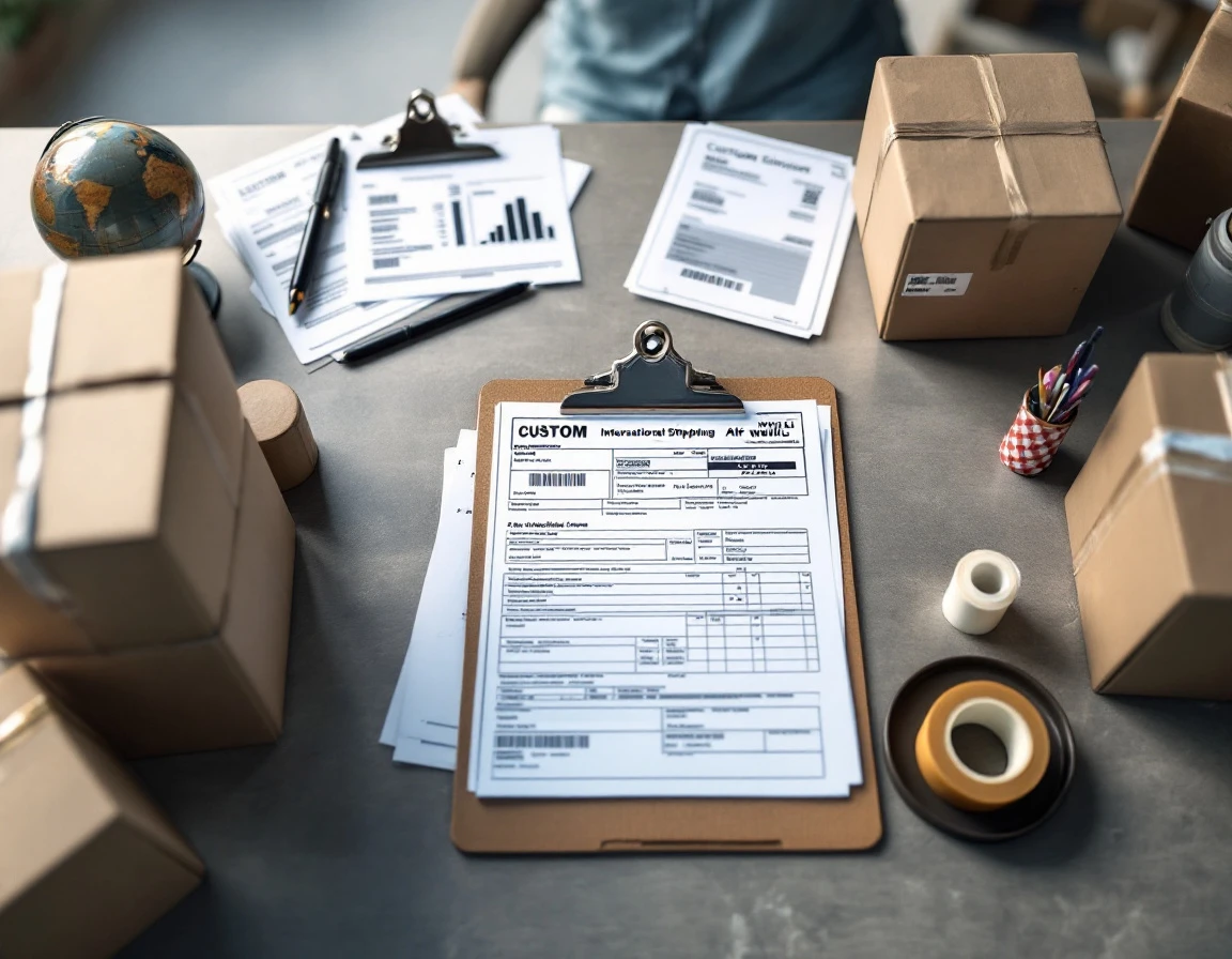 Customs forms and international shipping documentation on warehouse desk with shipping boxes and logistics materials