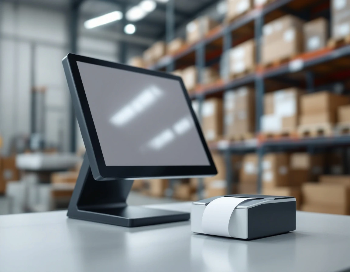 Point-of-sale terminal with thermal printer on warehouse workstation desk showing automated receipt printing