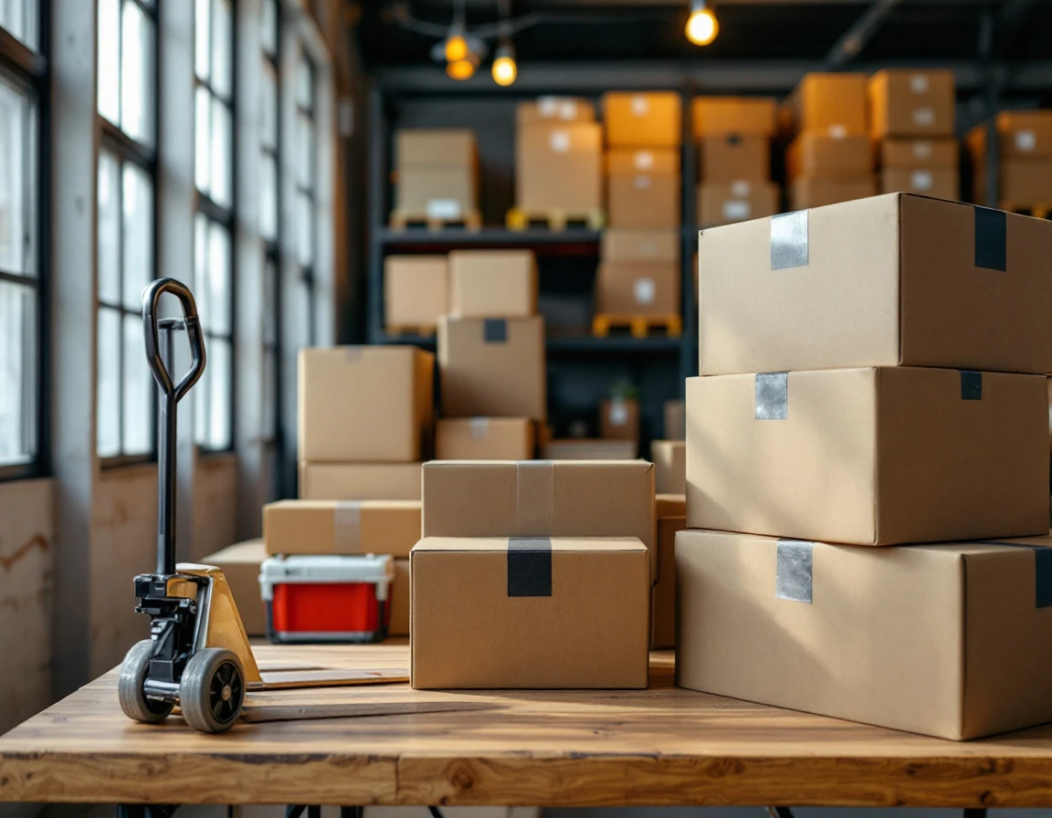 Organized packing station with stacked shipping boxes and chrome pallet jack in commercial fulfillment workspace