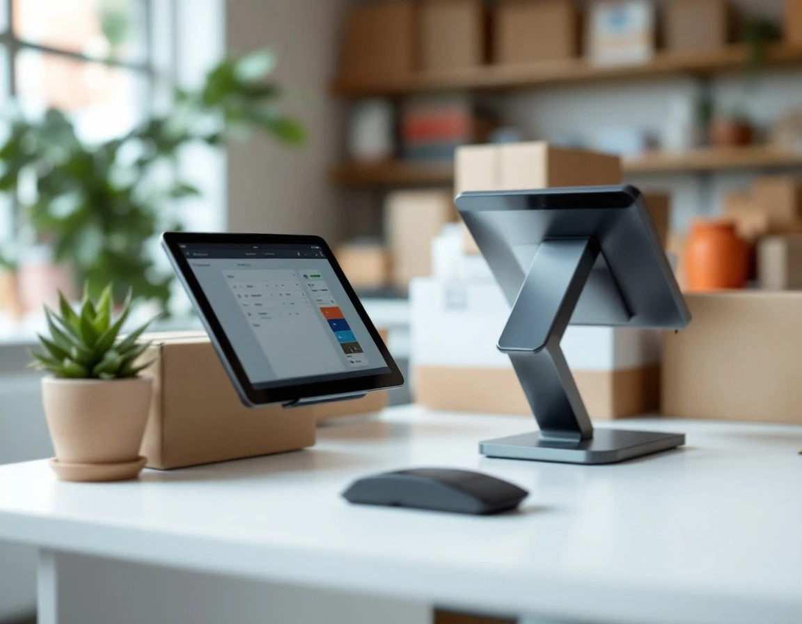 Modern POS terminal and card reader on retail counter with shipping boxes and natural window lighting