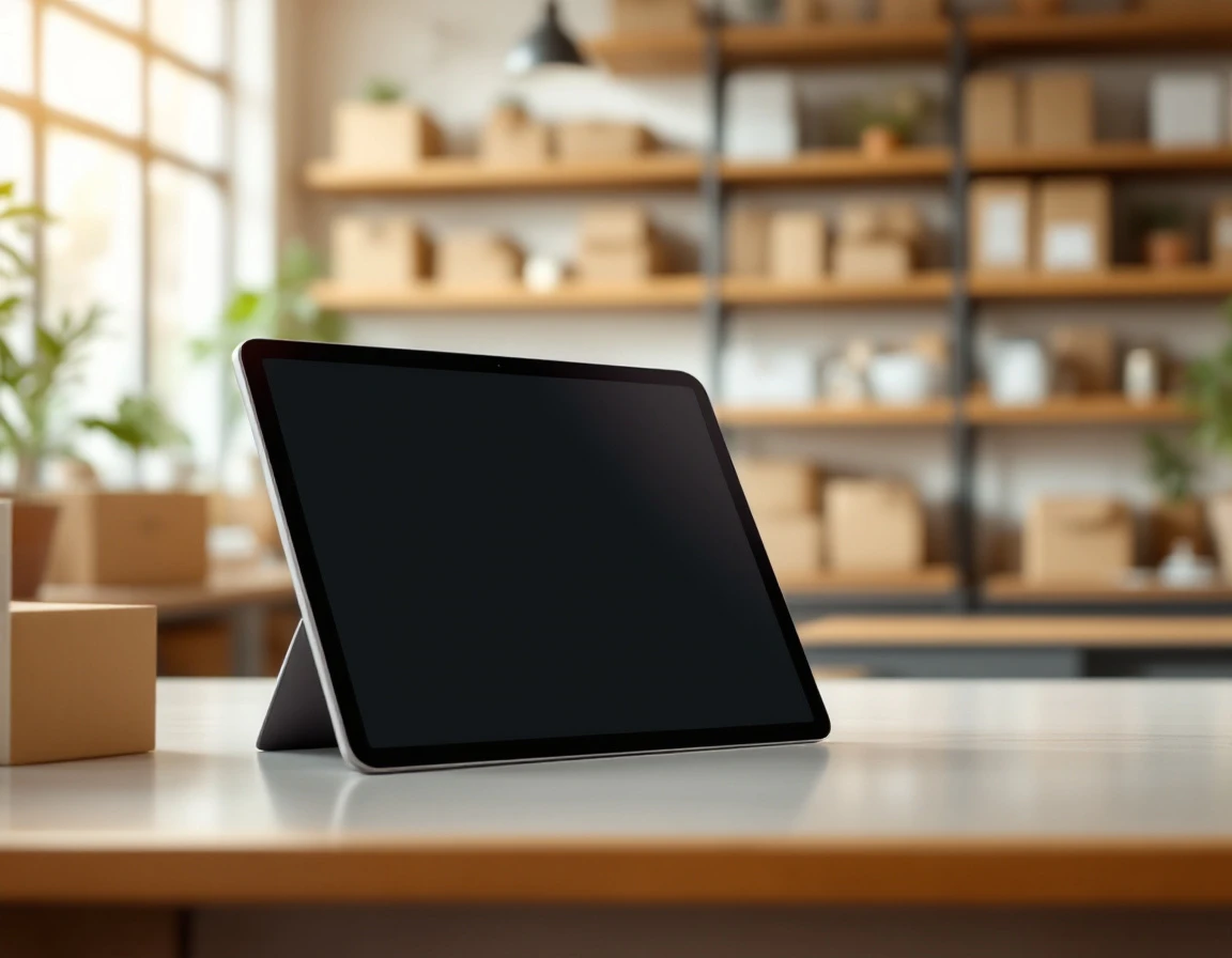 Tablet POS device on retail counter with organized inventory shelving in modern pack-and-ship store
