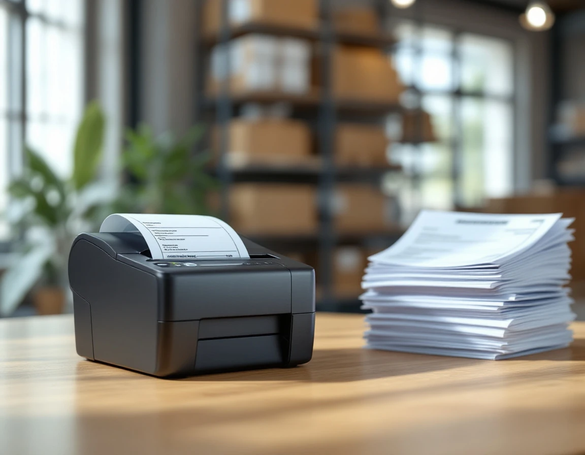 Thermal label printer on wooden desk with blurred customs paperwork in modern shipping office workspace