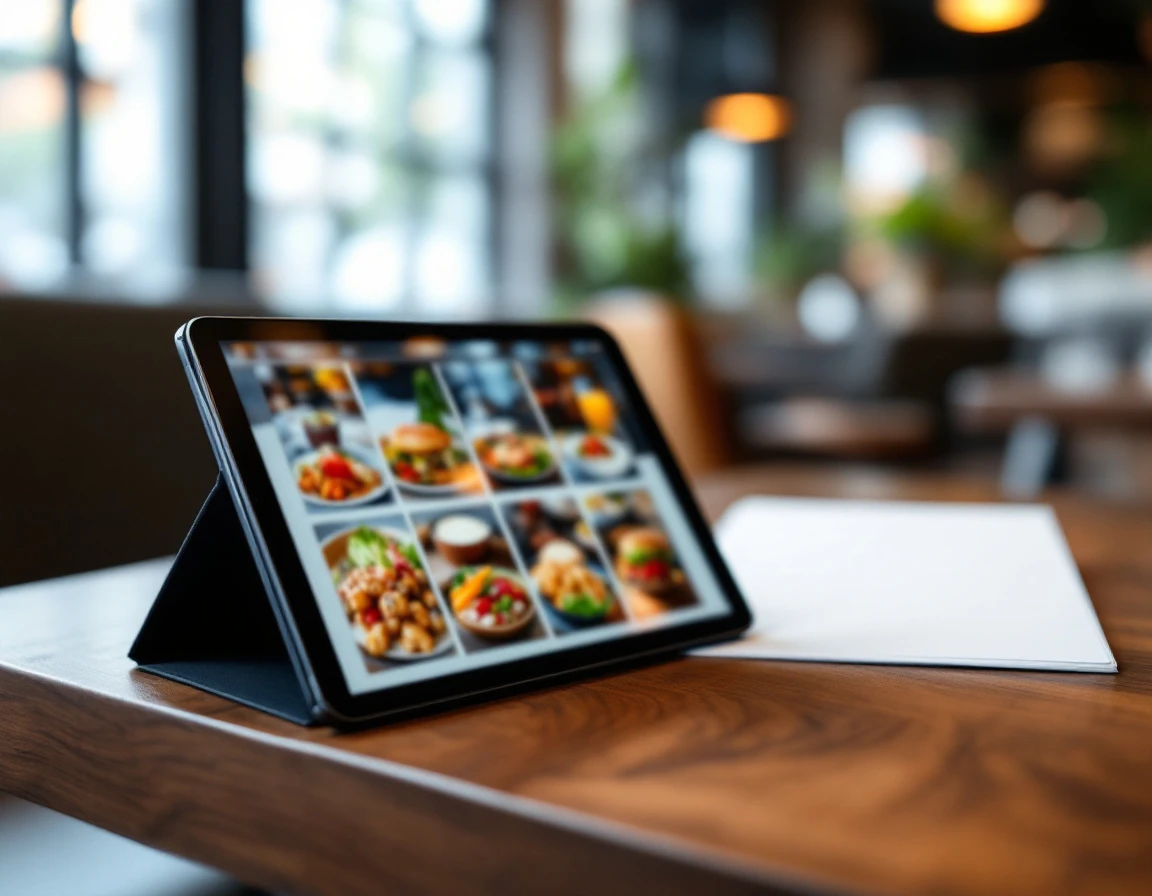 Restaurant tablet with blurred menu interface beside printed menu materials on wooden table